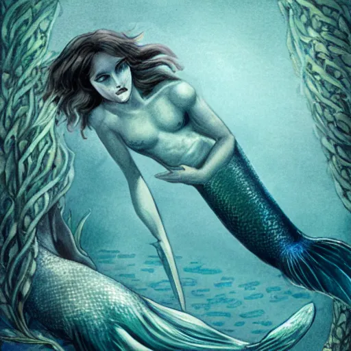 Image similar to male merlock holmes mermaid with a big mermaid tail sitting at the bottom of the sea under water in the style of romanticism