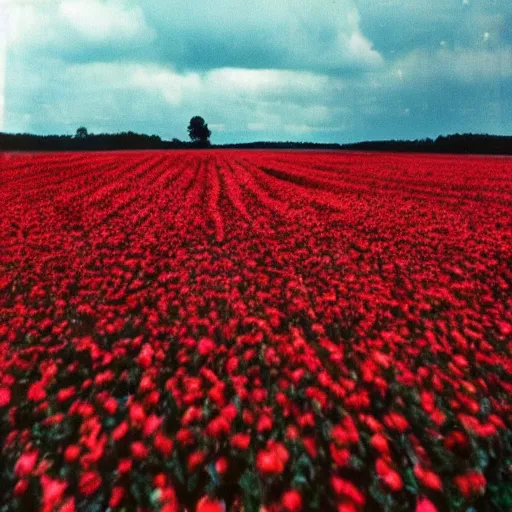 Image similar to A evil red clouds over a large flower field, eerie, 1970s photo, scary vibes