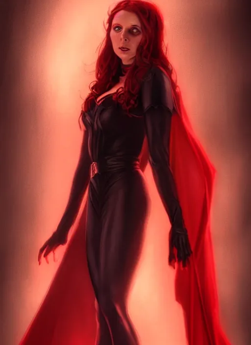 Prompt: Scarlet witch outfit Sarah Michelle Gellar, black magic, realistic character concept, full body, scary pose, comic book, illustration,;cinematic lighting, high resolution, Charlie Bowater, Norman Rockwell, symmetrical eyes, single face, insanely detailed and intricate, beautiful