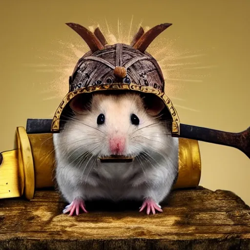 Prompt: a hamster in a viking costume with an axe and a helmet