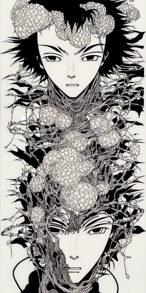 Image similar to prompt: Fragile looking figure, portrait face drawn by Takato Yamamoto and Katsuhiro Otomo, full body character drawing, inspired by Evangeleon and Akira 1988, cyborg and wire details parts, clean ink detailed line drawing, intricate detail, manga 1990, portrait centric composition