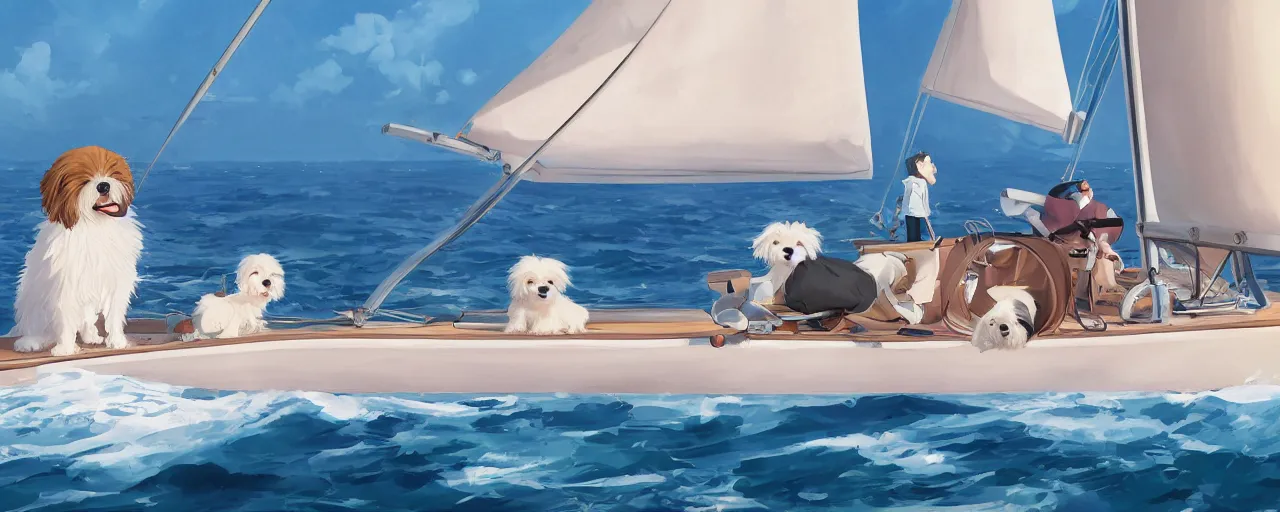 Image similar to a cream - colored havanese dog and shih tzu, sailing on an america's cup boat, hydrofoil, atey ghailan, goro fujita, studio ghibli, rim light, exquisite lighting, clear focus, very coherent,