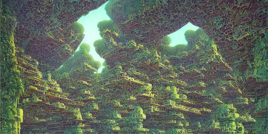 Prompt: angular building by escher and ricardo bofill. utopian landscape by roger dean. magical realism, surrealism, waterfalls, trending on artstation, shot from below,