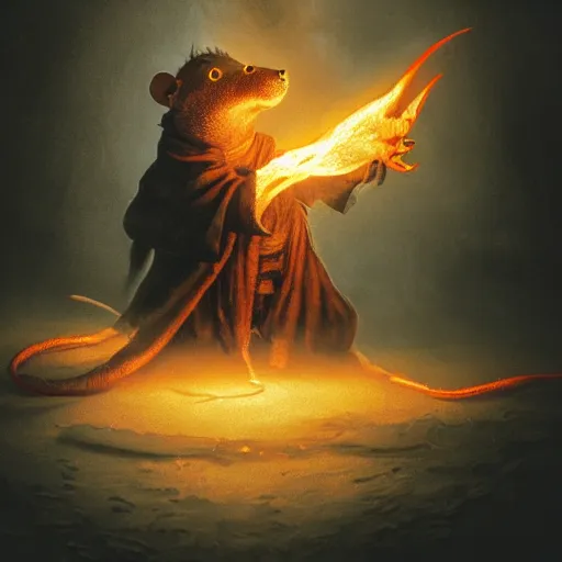 Prompt: photo of a ghostly rat with glowing red eyes, wearing tattered black burlap robes, floating in mist, clutching a blue flame in each hand, anthropomorphic rat, dark sorcerer, dark sorcery, black magick shaman, skaven, master splinter, nicodemus, photorealistic, artstation