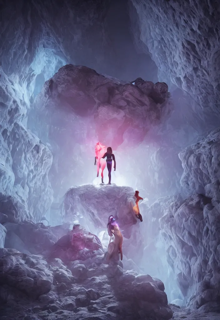 Prompt: epic leader pregnant woman talking to all her tribe with futuristic fluorescence mutant veins, proud people looking at the pregnant woman, ice cave, facinating, fantasy digital art, octane render, beautiful composition, trending on artstation, coherent, masterpiece, photorealistic