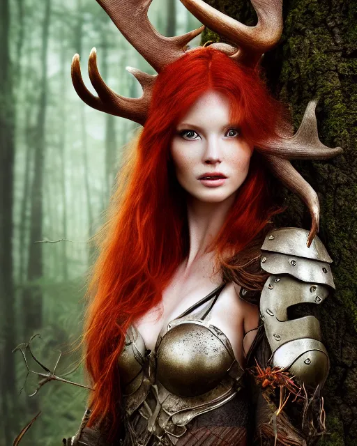 Image similar to 5 5 mm portrait photo of an armored redhead woman warrior, and antlers growing from her head, in a magical forest. by luis royo. highly detailed 8 k. intricate. lifelike. soft light. nikon d 8 5 0. cinematic post - processing