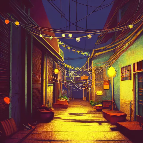 Image similar to Downtown Mexico alley, string lights, colorful lighting, night, realism, rule of thirds photo, intricate abstract, ((gta 5 screenshot house)), by Tooth Wu, by Greg Rutkowski, studio Ghibli