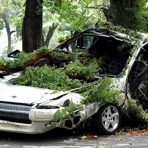 Image similar to The car from outrun gane crashed into a tree