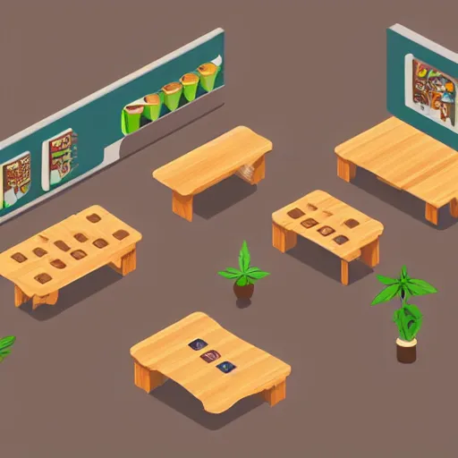 Image similar to isometric cartoon of funky recreational cannabis cafe area, coffee machine, aluminum sheen, wooden furniture, people drinking coffee and smoking cannabis, only 2 tables chairs, 4 cannabis pots, by benoit mandelbrot, low poly cute minimal interior design concept art illustrated by anni albers