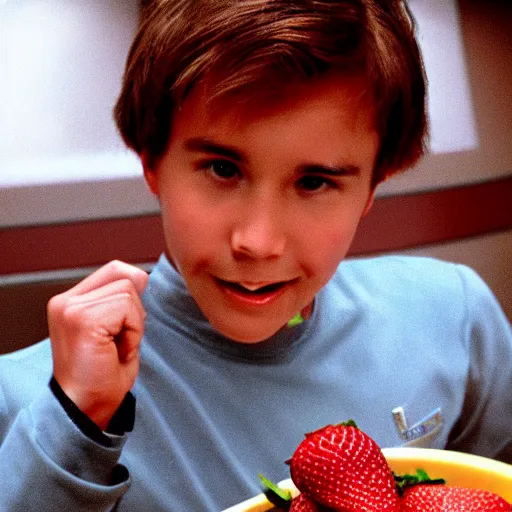 Prompt: Wesley Crusher from the USS Enterprise eating a strawberry icecream in the holodeck, set photo, candid, film grain
