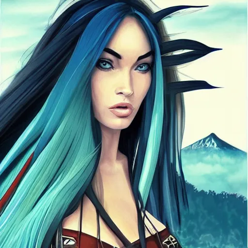 Prompt: “Megan Fox, portrait!!! Mononoke-hime style, cartoon, blue sky with white clouds green hills and mountains on the background, fantasy, photorealistic, concept Art, ultra detailed portrait, 4k resolution”