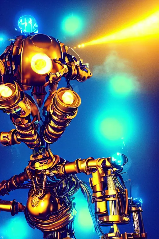 Image similar to portrait photo of a giant huge golden and blue metal humanoid steampunk robot female singer with headphones and gears and tubes, in the foreground is a big red glowing microphone, eyes are glowing green lightbulbs, shiny crisp finish, 3 d render, 8 k, insaneley detailed, fluorescent colors, background is multicolored lasershow