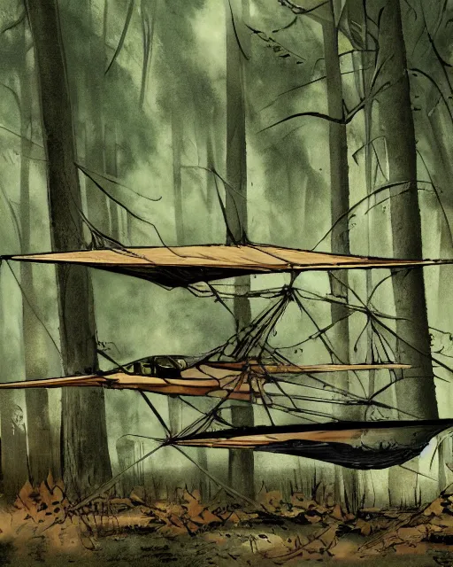 Image similar to ornithopter abandoned in a forest, illustration by wojciech siudmak, art station