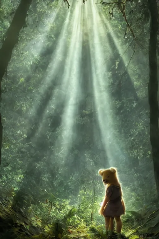 Image similar to mean fluffy teddybear protecting girl in a forest with rays of light coming through the canopy, masterpiece, dystopian, sci-fi, extremely detailed, digital painting, sculpted in zbrush, artstation, concept art, smooth, sharp focus, illustration, chiaroscuro lighting, golden ratio, incredible art, artgerm, greg rutkowski, alphonse mucha, simon stalenhag, carravaggio