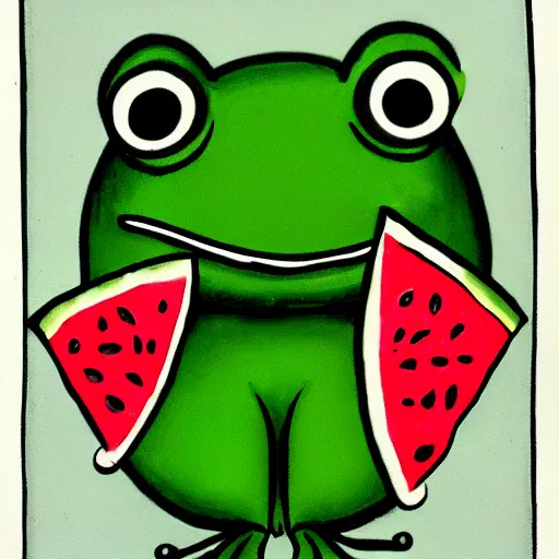 Prompt: dramatic portrait of a frog wearing a watermelon as a hat