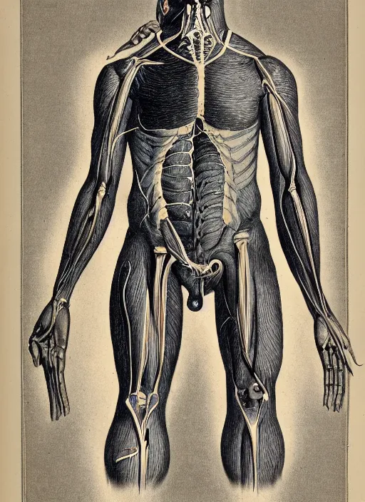 Image similar to vintage medical anatomical illustration of sasquatch, highly detailed, labels, intricate writing