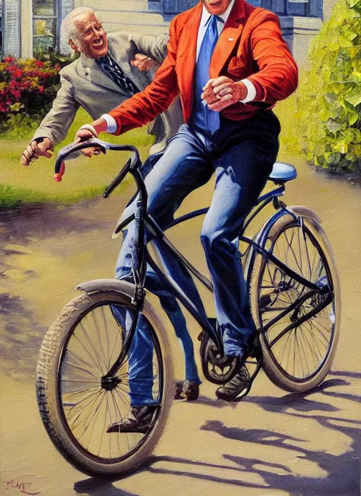 Prompt: joe biden falling from his bicycle, pulp art oil painting by mort kunstler and wilson mclean, intricate, hyper detailed, 4 k, hd, award winning, photorealistic