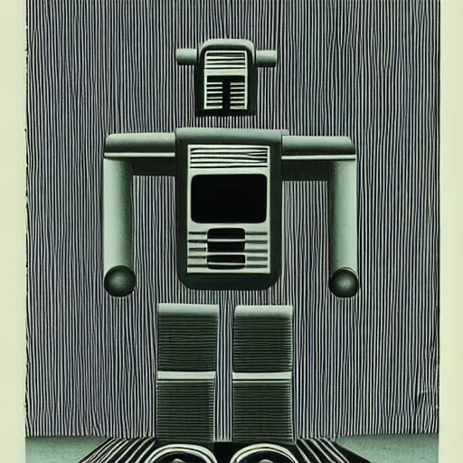 Image similar to robot in a mid life crisis, depressed, drawn by tomma abts