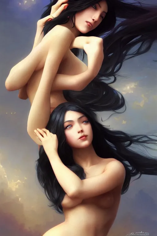 Image similar to nami, long black hair, digital art from artstation by artgerm and william - adolphe bouguereau