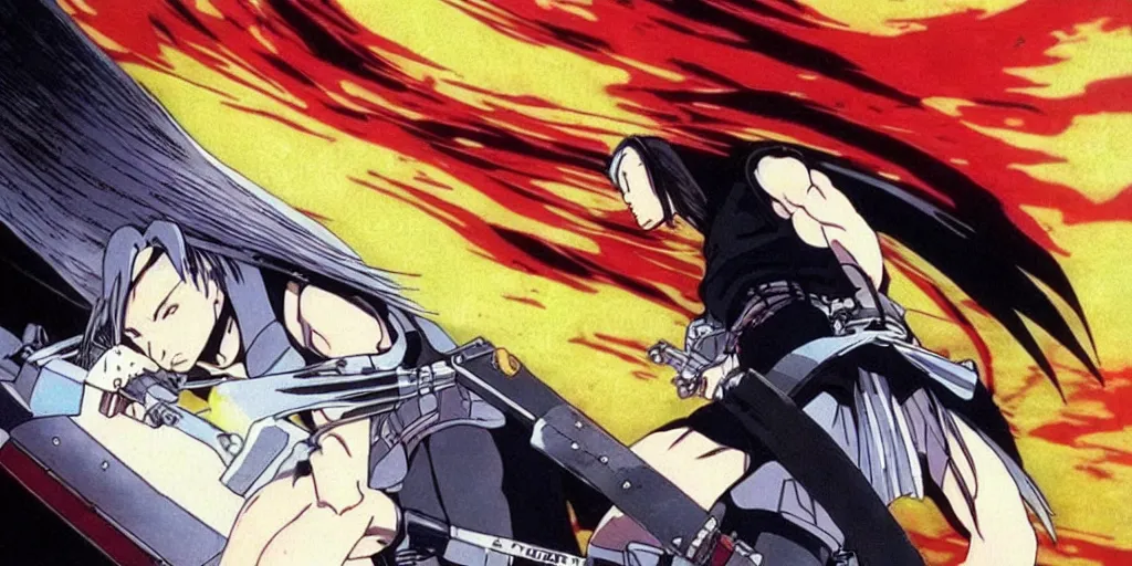 Image similar to “still frame of Sephiroth in 1988 anime film Akira by Katsuhiro Otomo, screenshot, color”