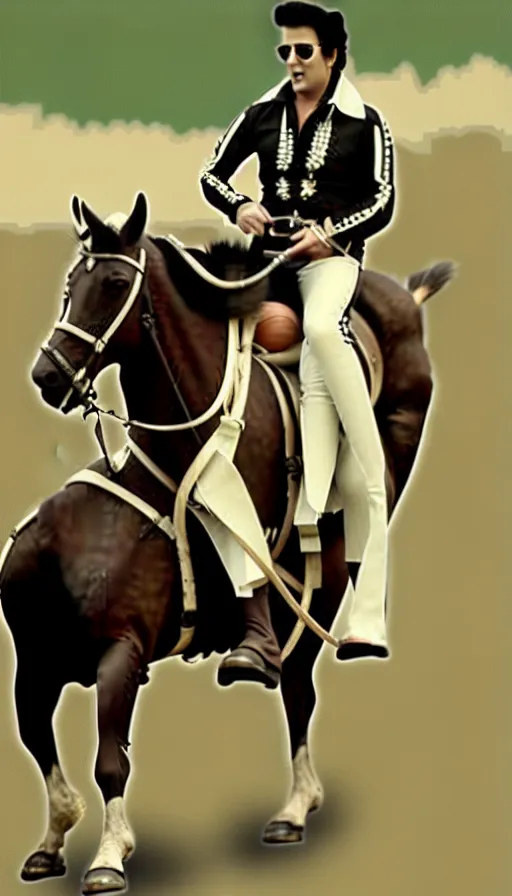 Prompt: elvis on horseback, screenshot from bollywood muscial,, realistic colour palette by