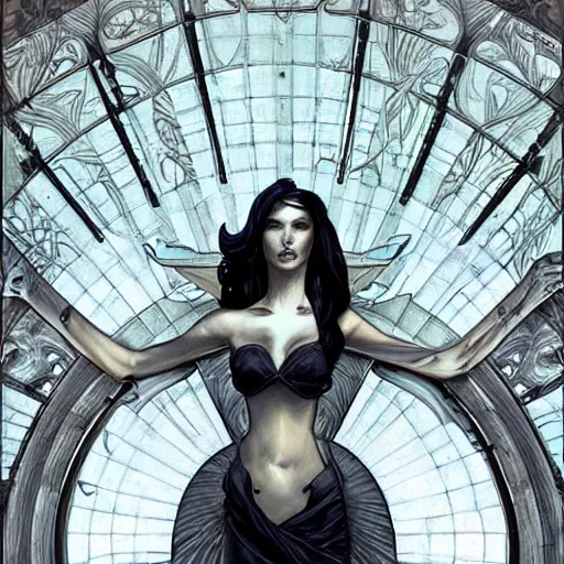 Image similar to a streamline moderne painting in the style of luis royo, and in the style of charlie bowater, and in the style of alphonse mucha. symmetry, smooth, sharp focus, semi - realism, intricate detail.