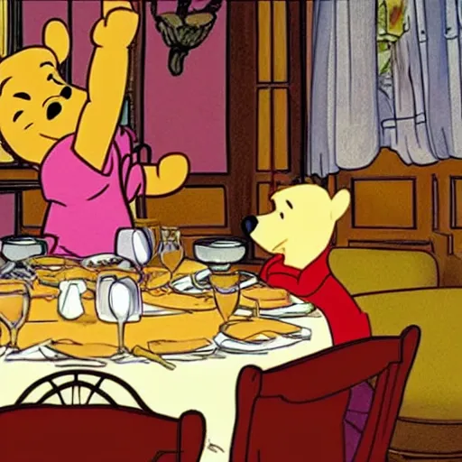 Image similar to Winnie the Pooh invites Tiger and Piglet to dine in a very fancy restaurant.