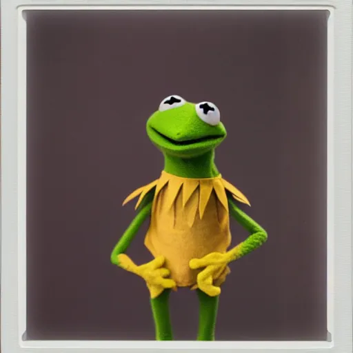 Prompt: Kermit the frog holding a banana, polaroid photo, instax, white frame, by Warhol,