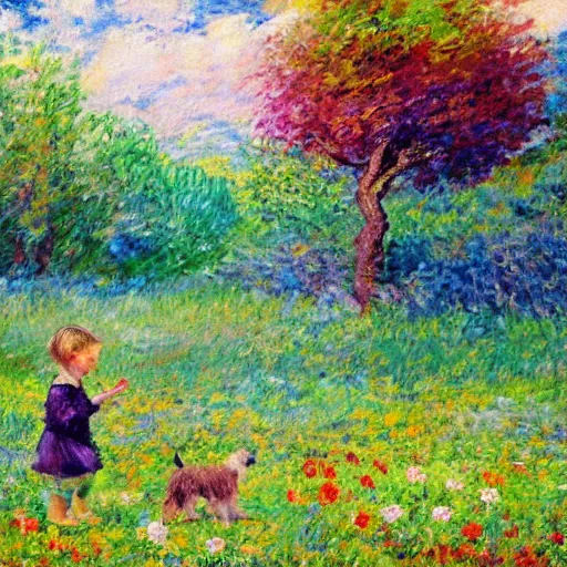 Prompt: child playing with cute dog on a flower meadow, trees in the background, impressionistic painting.