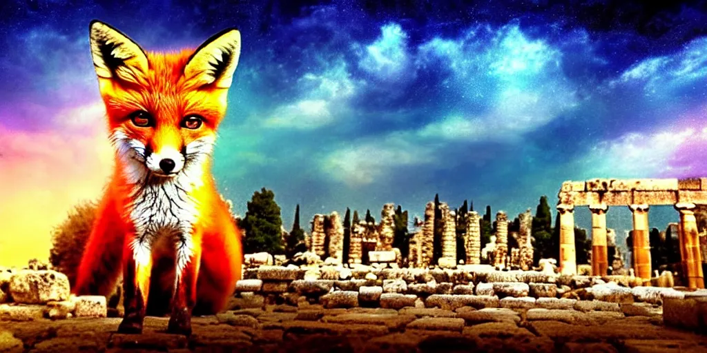 Image similar to a beautiful small fox in the huge ruins of the second temple in jerusalem, dreamy sky, the third temple hovers quietly hiding in the sky above, very colorful painting 8 k trending on art station, intricate superb details, digital art, cinematic lighting, volumetric lighting, photographic, blur bokeh defocus dof sky by afremov, award winning masterpiece.