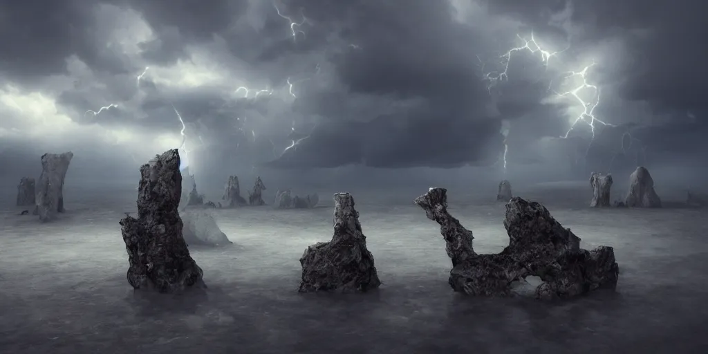 Prompt: photorealistic strange sculpture made of white bird skulls, in an epic landscape, with ominous storm clouds, strange levitating stones, stones falling from the sky, a gentle rising mist. occult photorealism, uhd, amazing depth, glowing, golden ratio, 3 d octane cycle unreal engine 5, volumetric lighting, cinematic lighting, cgstation artstation concept art