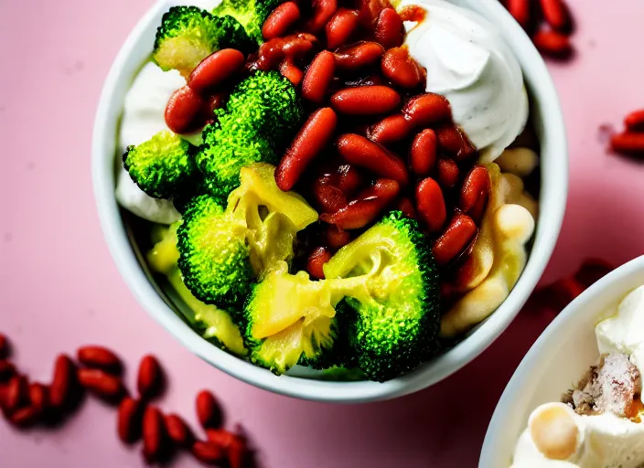 Image similar to food photo still of frozen yogurt topped with baked beans and broccoli, 8 5 mm f 1. 8 studio lighting