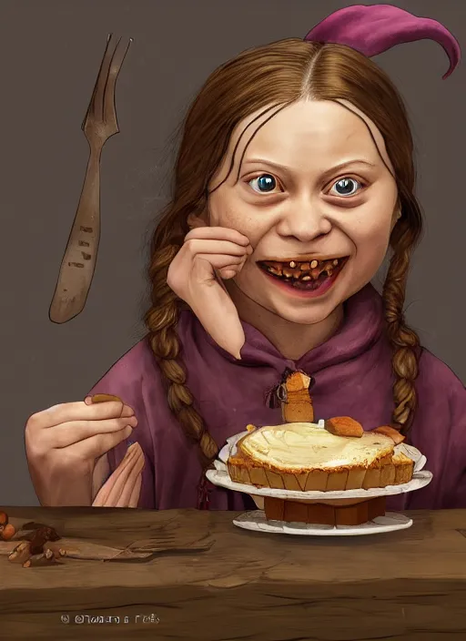 Image similar to greta thunberg as a medieval goblin eating cakes, detailed digital art, trending on Artstation