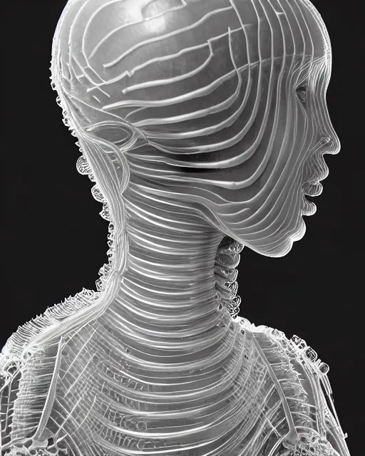 Prompt: mythical dreamy black and white organic translucent bio-mechanical spinal ribbed profile face portrait detail of mechanical beautiful female angelic-snowy-cyborg, highly detailed, intricate crystal jelly steampunk ornate, poetic, 3D render, digital art, octane render, 8K artistic photography, photo-realistic, by Dora Maar