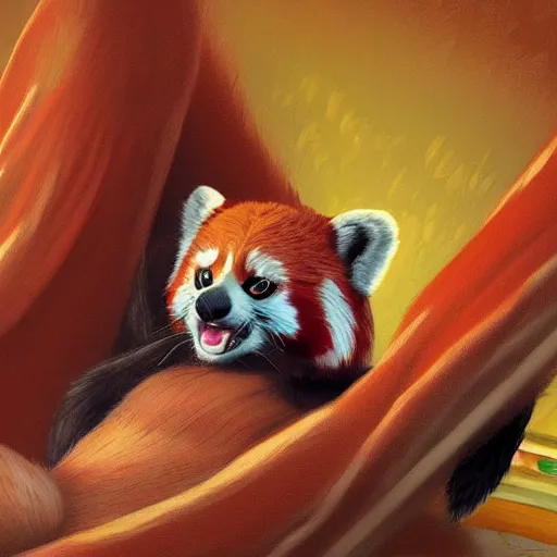 Prompt: commissioned full body portrait of an anthro!! red panda waking up in bed! and yawning, trending on furaffinity,