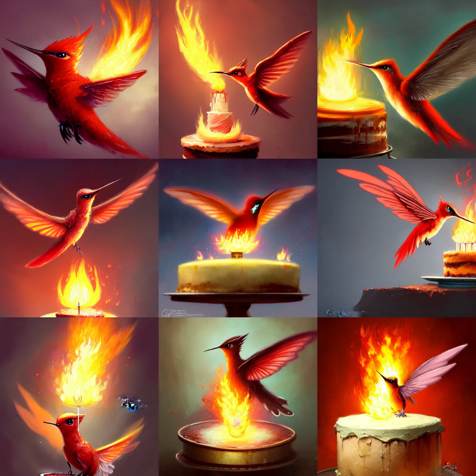 Prompt: a cute adorable small flaming hummingfirebird baking a cake deviantart Greg rutkowski