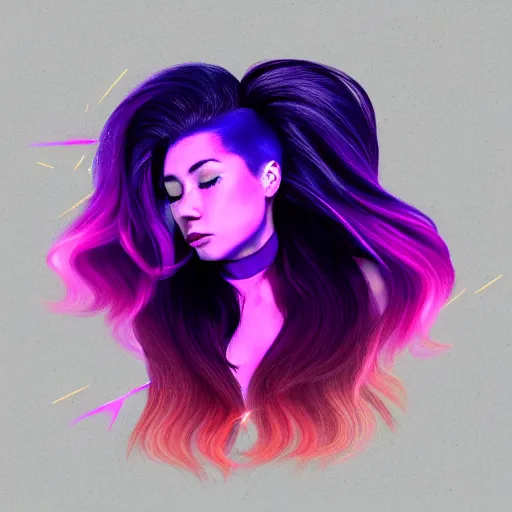 Image similar to a award winning action upper body portrait of a beautiful woman with a ombre purple pink hairstyle with head in motion and hair flying, choker, outrun, vaporware, vivid colors, highly detailed, fine detail, intricate