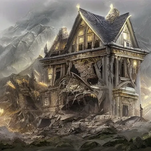 Prompt: mansion collapses killing 4 0 men women and children, dungeons and dragons, concept art, highly detailed art