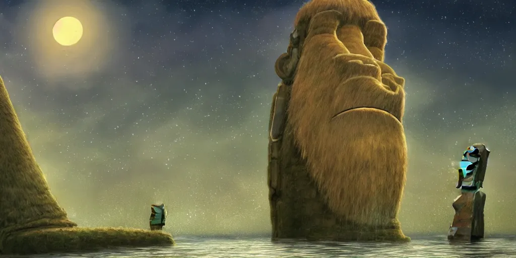 Image similar to a realistic cell - shaded studio ghibli concept art from paprika ( 2 0 0 6 ) of a giant wooly mammoth in a flooded easter island on a misty starry night. very dull colors, wide shot, hd, 4 k, hq