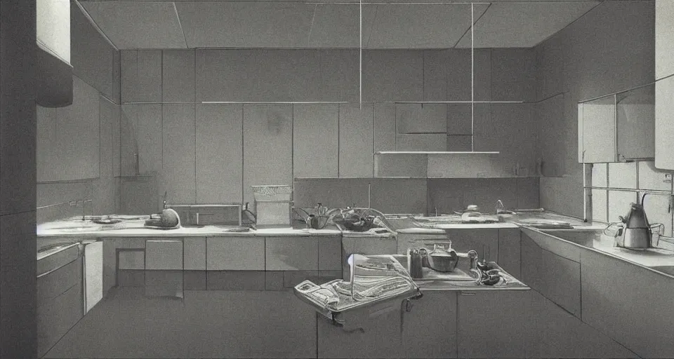 Prompt: IKEA catalogue photo of a kitchen on a spaceship, by Beksinski