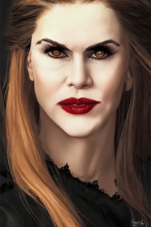 Prompt: mix of beautiful young maria shriver, mariel hemmingway, brooke shields, nicole kidman and elle macpherson as a vampire showing vampire teeth, ready to bite, thin lips, hair tied up in a pony tail, dark blonde hair, colorful, deviantart, artstation, cgsociety