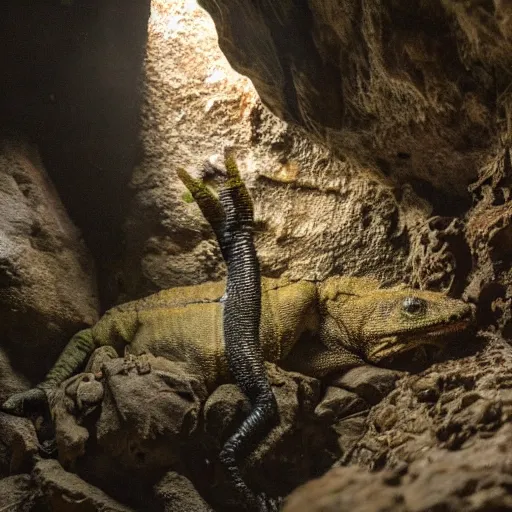 Prompt: photo inside a cavern of a scary wet lizard humanoid partially hidden behind a rock watching a tourist