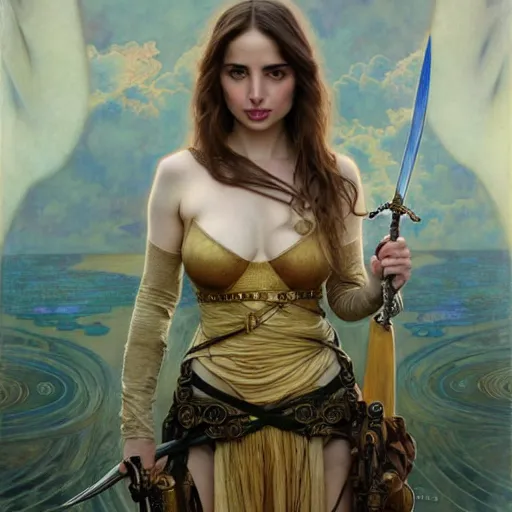 Prompt: ana de armas with sword and potions drawn by Donato Giancola and Tom Bagshaw, face by Artgerm, overall design by Alphonse Mucha, background by James Jean and Gustav Klimt, light by Julie Bell, 4k, porcelain skin, komorebi, french nouveau, trending on artstation, octane render, hyperrealistic