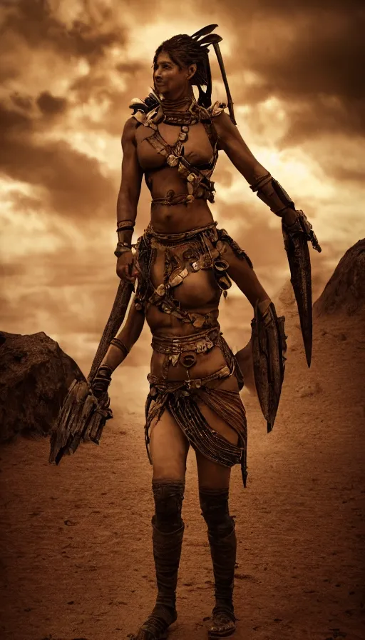 Image similar to solo ancient tribewoman standing against army, partially destroyed armor inspired monster hunter, low shot camera, muscular, symmetrical face, clean face, subtle make up, dramatic lighting, cinematic, establishing shot, extremely high detail, photorealistic, 300 the movie,monster hunter the movie, dune the movie, cinematic lighting, artstation, octane render, western,old photo, vintage, dust and destruction happening around her, freeze time