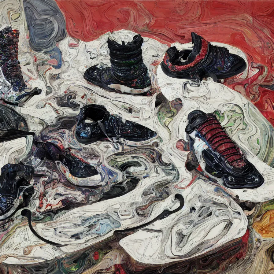 Image similar to futuristic balenciaga sneakers, nft art, highly detailed, hyper realistic, art by todd mcfarlane, by ( ( ( lucian freud ) ) ) and gregory crewdson and francis bacon