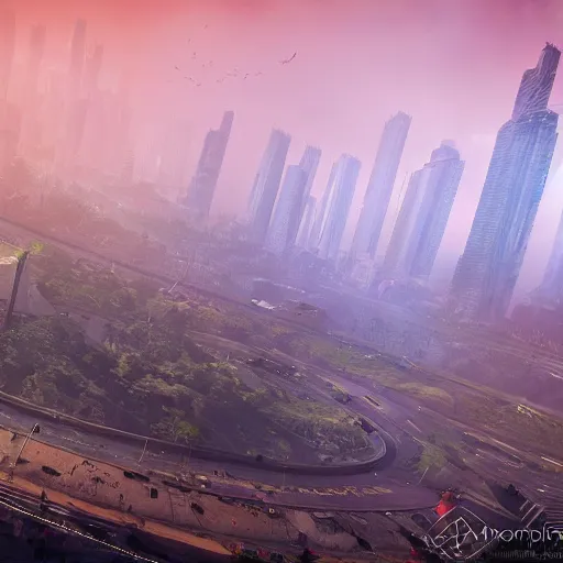 Prompt: mumbai in the year 2 0 7 0, epic, dramatic lighting from above, dark, vines, fantasy, dust, unreal engine, octane, highly detailed, concept art, dark, super realistic,