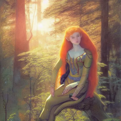 Prompt: beautiful female elf with auburn hair in a feminine spacesuit, aloof in the forest at dusk, by Edgar Maxence and Ross Tran and Michael Whelan and Gustav Klimpt