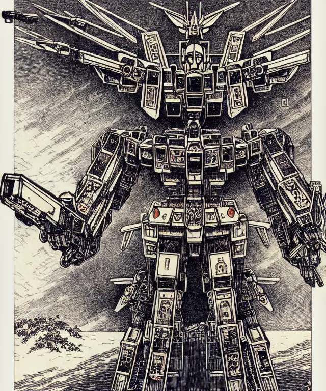 Prompt: symmetrical image of a gundam mecha robot, extremely high details, masterpiece engraving by takato yamamoto, gustave dore, jean giraud