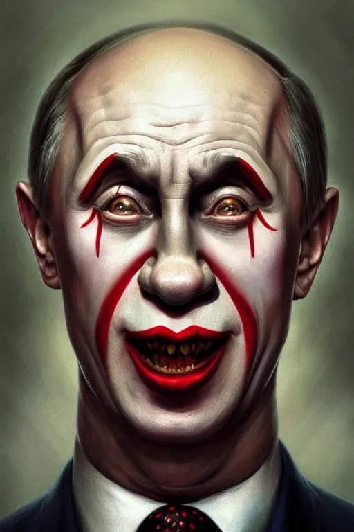 Image similar to vladimir putin as a stupid clown, realistic portrait, symmetrical, highly detailed, digital painting, artstation, concept art, smooth, sharp focus, illustration, cinematic lighting, art by artgerm and greg rutkowski and alphonse mucha