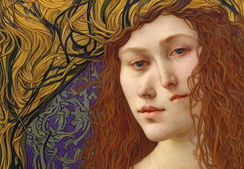 Image similar to detailed realistic beautiful young medieval queen face portrait by jean delville, alphonse mucha, vincent van gogh, and marco mazzoni, art nouveau, symbolist, visionary, gothic, pre - raphaelite